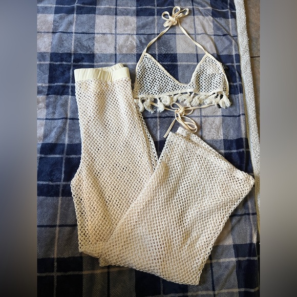 SHEIN Pants - SHEIN Cream Crochet Wide-Leg Pants